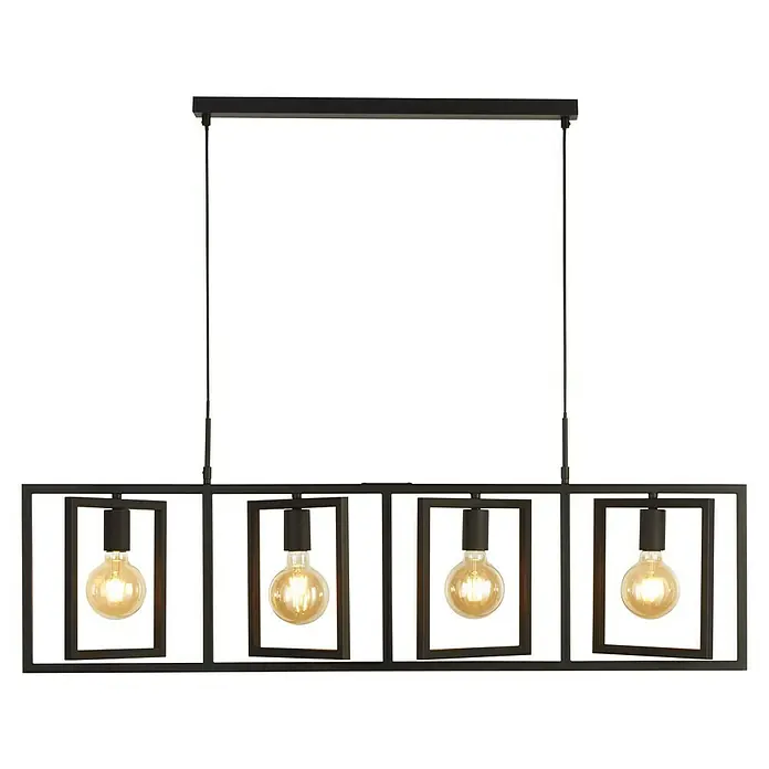 Searchlight Pendelleuchte Plaza - 60 W, L x B x H: 113,5 x 25 x 40 cm, Schwarz, E27 - Moderne Hängeleuchte mit vier Glühbirnen in einem stilvollen, rechteckigen Metallrahmen. Perfekt für Esszimmer oder Wohnbereiche.