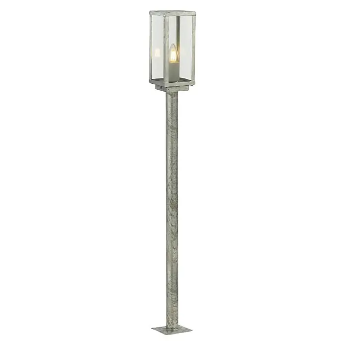 Searchlight Kandelaber Box II - 60 W, Farbe Gehäuse: Silber, 11 x 11 x 90 cm, Mit Leuchtmittel - Nahaufnahme einer eleganten Gartenlaterne aus Metall mit klaren Glasscheiben und warmem Licht, perfekt für Außenbereiche.