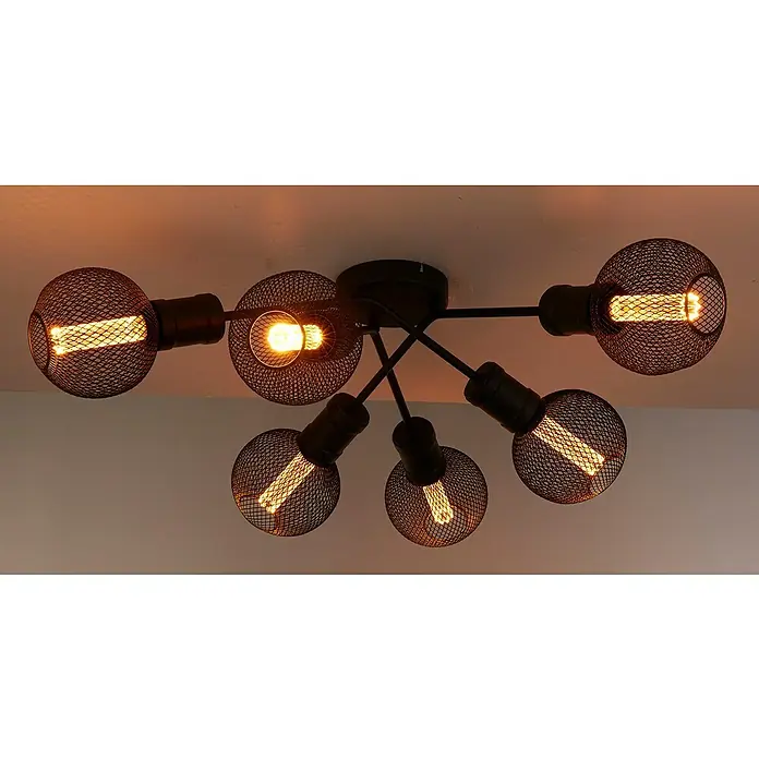 Searchlight Deckenleuchte Dance - 60 W, L x B x H: 52 x 52 x 15 cm, Schwarz, E27 - Industrielle Deckenleuchte mit sechs Edison-Glühbirnen und schwarzen Drahtschirmen für ein modernes Ambiente.