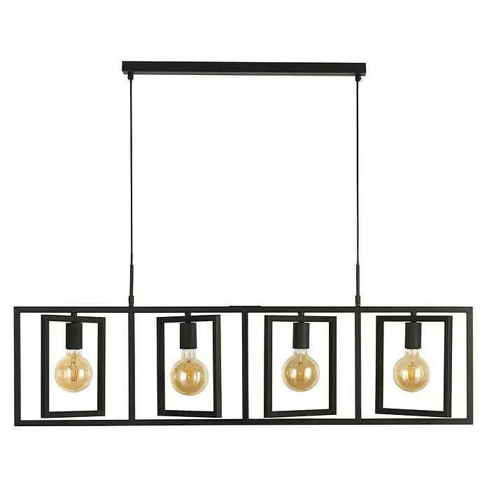 Searchlight Pendelleuchte Plaza - 60 W, L x B x H: 113,5 x 25 x 40 cm, Schwarz, E27 - Moderne Hängeleuchte mit vier Edison-Glühbirnen in einem rechteckigen schwarzen Metallrahmen. Perfekt für Wohn- und Esszimmer.