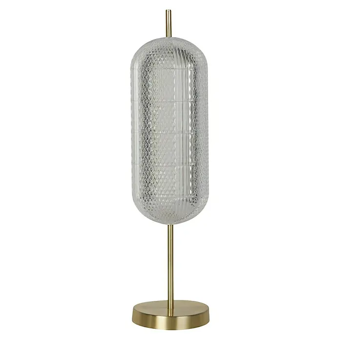 Searchlight LED-Tischleuchte Capsule - 17 W, L x B x H: 15 x 15 x 60 cm, Messing, Warmweiß - Elegante Stehlampe mit einem zylindrischen, kristallartigen Schirm und einem goldenen Ständer, die ein modernes Ambiente schafft.