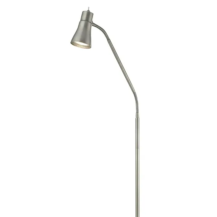 Searchlight Stehleuchte Jolly - 10 W, Höhe: 167 cm, Silber, GU10 - Nahaufnahme einer modernen Stehlampe mit verstellbarem Arm und hellem Lichtschein vor schwarzem Hintergrund.