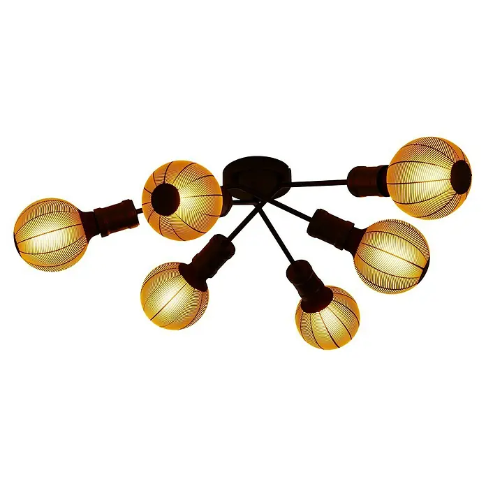 Searchlight Deckenleuchte Dance - 60 W, L x B x H: 52 x 52 x 15 cm, Schwarz, E27 - Eine moderne Deckenleuchte mit sechs kugelförmigen Lampenschirmen, die ein warmes, gestreiftes Licht in einem dunklen Raum verbreiten.