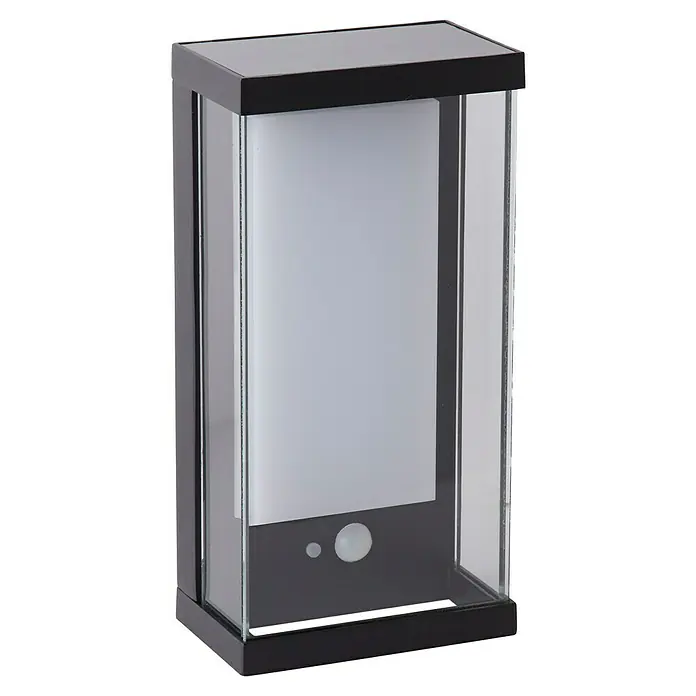 Searchlight Solar-Außenwandleuchte - 2 W, L x B x H: 12,6 x 12,6 x 25,3 cm, Schwarz, IP54 - Eine moderne, rechteckige Solarleuchte mit einem schwarzen Rahmen und klarem Glas, die ein helles, diffuses Licht erzeugt.
