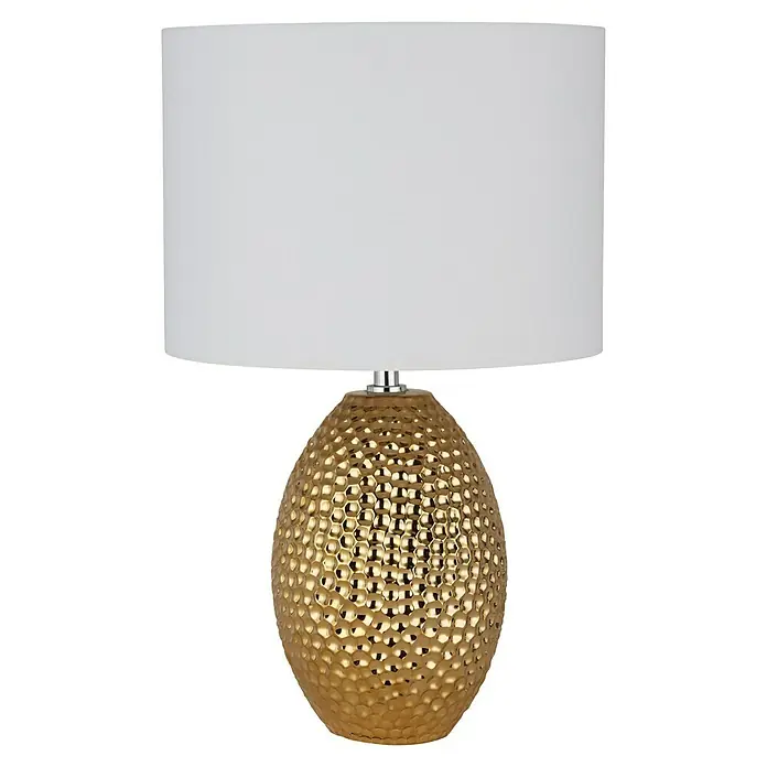 Searchlight Tischleuchte Nadine - L x B x H: 28 x 28 x 45 cm, Gold, Beige - Elegante Tischleuchte mit einem goldenen, wabenförmigen Sockel und einem schlichten, weißen Lampenschirm.