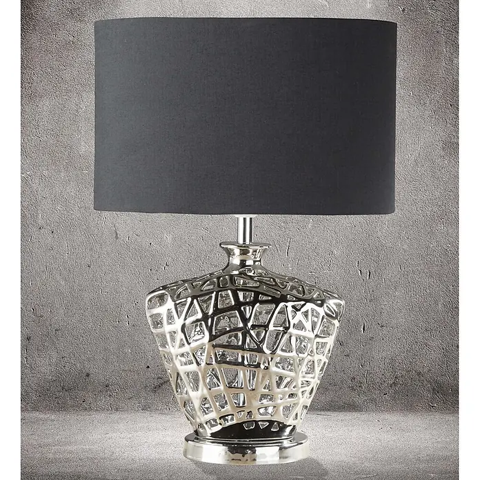 Searchlight Tischleuchte Network - 60 W, L x B x H: 30 x 17,5 x 44 cm, Chrom, Schwarz, E27 - Elegante Tischleuchte mit einem silberfarbenen, durchbrochenen Keramikfuß und einem schlichten, schwarzen Lampenschirm. Stilvolle Beleuchtung für jeden Raum.