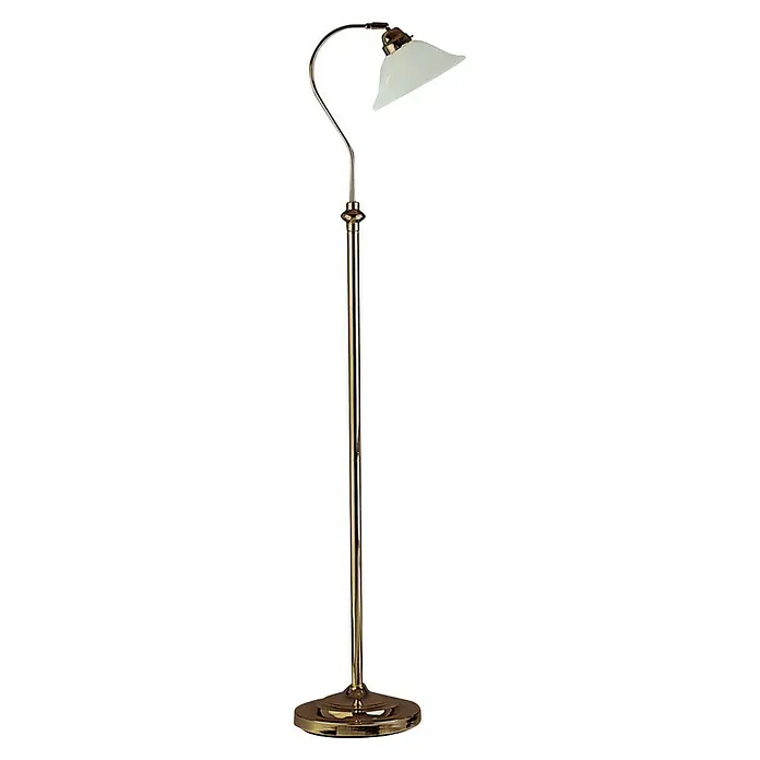 Searchlight Stehleuchte Scavo - 60 W, Höhe: 140 cm, Messing, E27 - Elegante Stehlampe mit schwenkbarem Arm und weißem Lampenschirm. Die Lampe ist aus Messing gefertigt und hat einen stabilen Fuß.