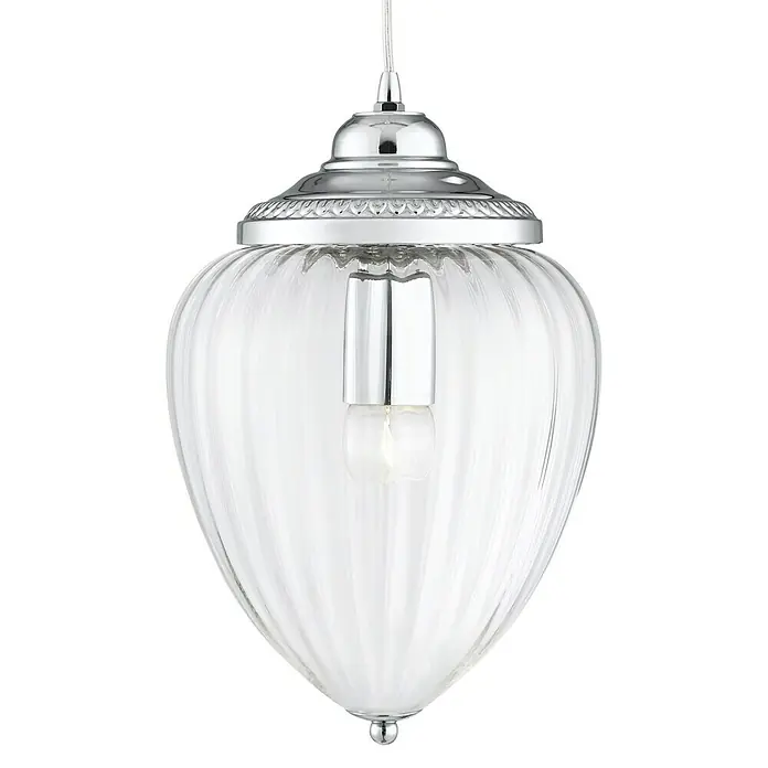 Searchlight Pendelleuchte Moscow - 60 W, L x B x H: 22 x 22 x 33 cm, Chrom, E27 - Nahaufnahme einer schicken, transparenten Pendelleuchte mit geriffelter Oberfläche und glänzendem Chromakzent, die einen Hauch von Eleganz versprüht.