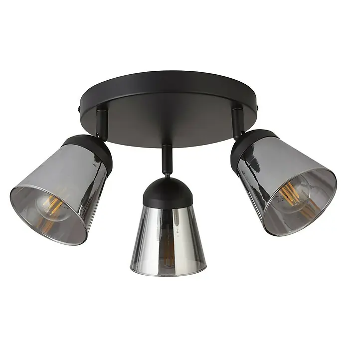 Searchlight Deckenstrahler Mega - 40 W, L x B x H: 42 x 42 x 11 cm, Schwarz, E14 - Nahaufnahme einer schwarzen Deckenleuchte mit drei silbrig-grauen Lampenschirmen und warmweiß leuchtenden Glühbirnen.