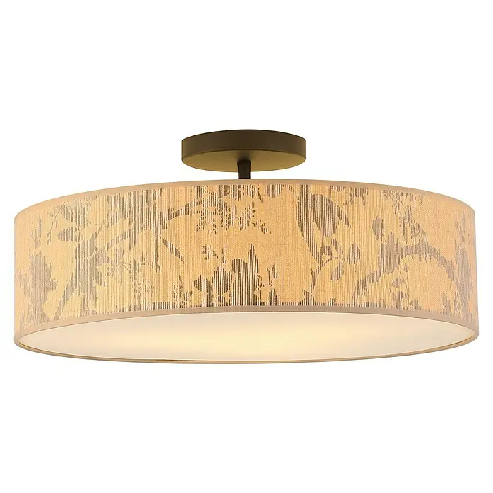 Searchlight Deckenleuchte Isla - 40 W, L x B x H: 54,5 x 54,5 x 23 cm, Braun, E27 - Ein sanft beleuchteter, runder Deckenauslauf mit Stoffschirm und floralem Muster, der eine warme Atmosphäre schafft.