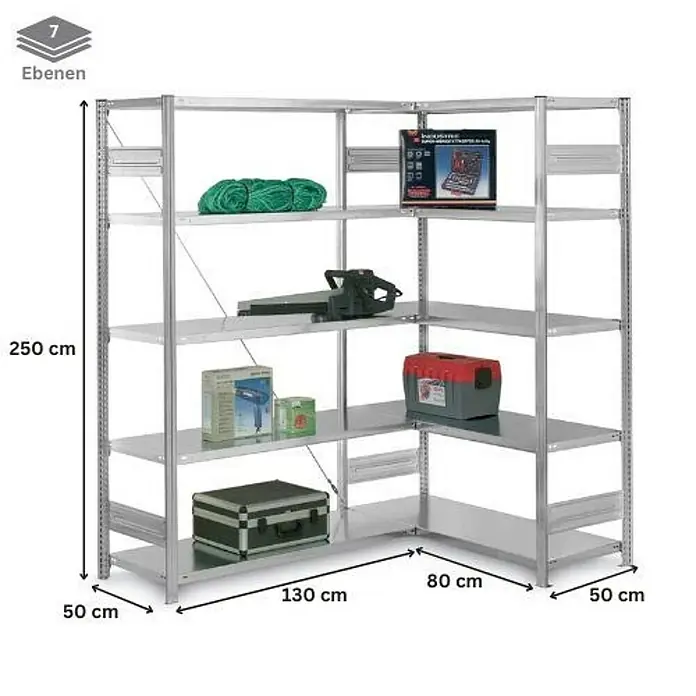Proregal Eckregal MAGNUS Stecksystem - H x B x T: 300 x 130 x 50 cm, Traglast pro Boden: 124 kg, Anzahl Böden: 7 Stk., Stecken, Verzinkt