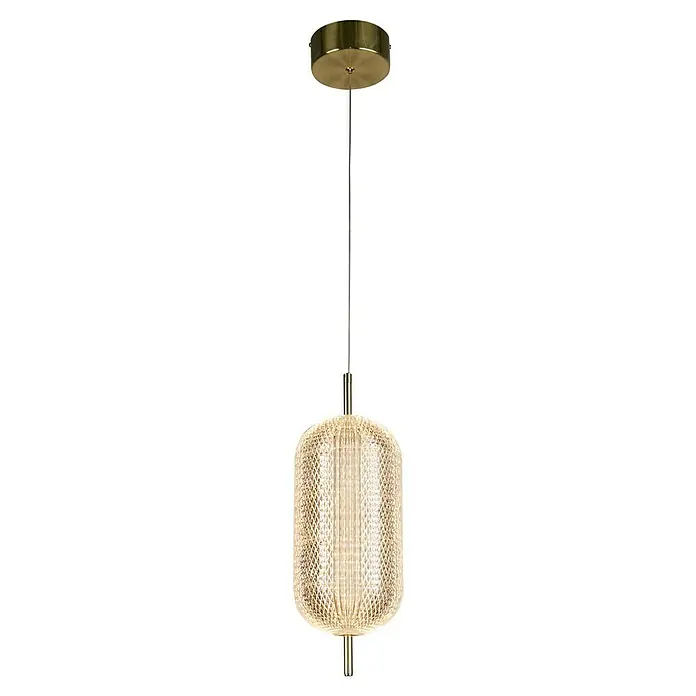 Searchlight LED-Pendelleuchte Capsule - 19 W, L x B x H: 15 x 15 x 15 cm, Messing, Warmweiß - Nahaufnahme einer dekorativen Hängelampe mit einem goldenen Metallgehäuse und einem zylindrischen Lampenschirm mit Rautenmuster.