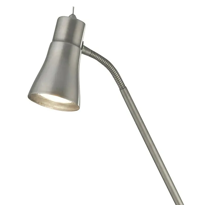 Searchlight Stehleuchte Jolly - 10 W, Höhe: 167 cm, Silber, GU10 - Nahaufnahme einer stilvollen, silbernen Schreibtischlampe, die sich durch ein elegantes, verstellbares Design und helles, fokussiertes Licht auszeichnet.