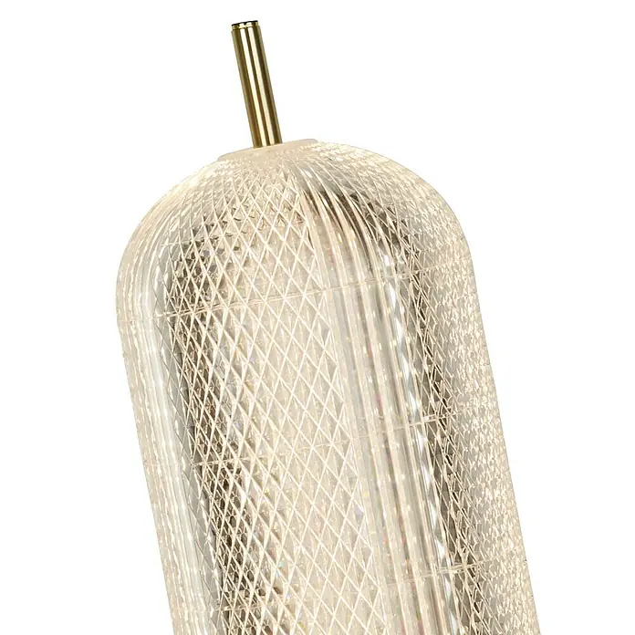 Searchlight LED-Tischleuchte Capsule - 17 W, L x B x H: 15 x 15 x 60 cm, Messing, Warmweiß - Detailaufnahme einer luxuriösen Pendelleuchte aus Kristallglas mit goldenem Aufhänger, die ein elegantes Lichtspiel erzeugt.