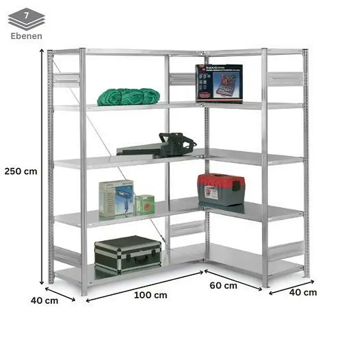 Proregal Eckregal MAGNUS Stecksystem - H x B x T: 300 x 100 x 40 cm, Traglast pro Boden: 124 kg, Anzahl Böden: 7 Stk., Stecken, Verzinkt