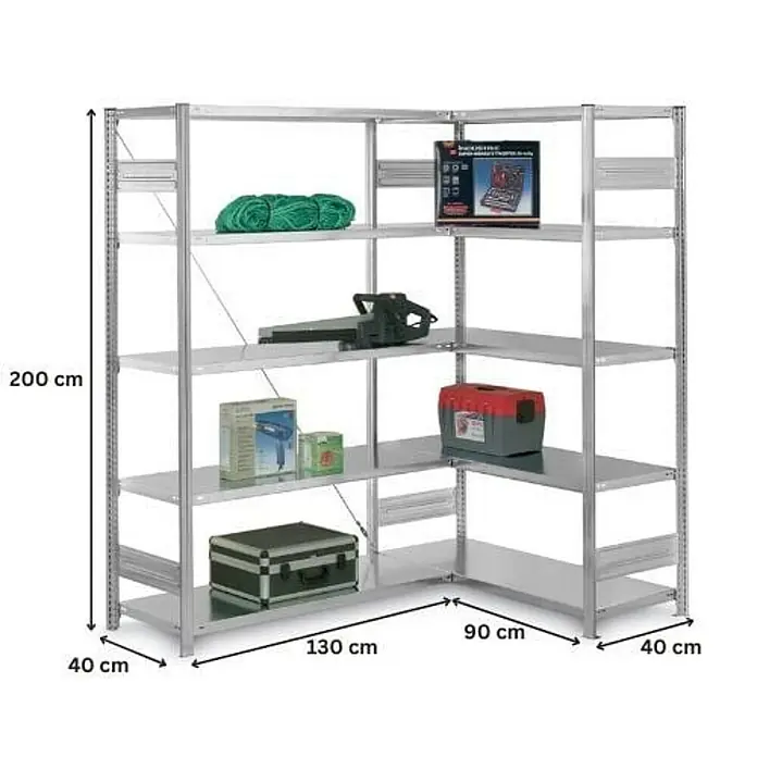 Proregal Eckregal MAGNUS Stecksystem - H x B x T: 200 x 130 x 40 cm, Traglast pro Boden: 124 kg, Anzahl Böden: 5 Stk., Stecken, Verzinkt