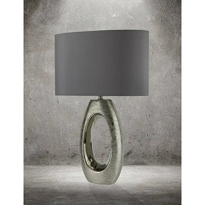 Searchlight Tischleuchte Artisan - 60 W, L x B x H: 40 x 20 x 61 cm, Chrom, Grau, E27 - Elegante silberne Tischleuchte mit ovalem Lampenfuß und grauem Schirm für stilvolle Beleuchtung im Raum.