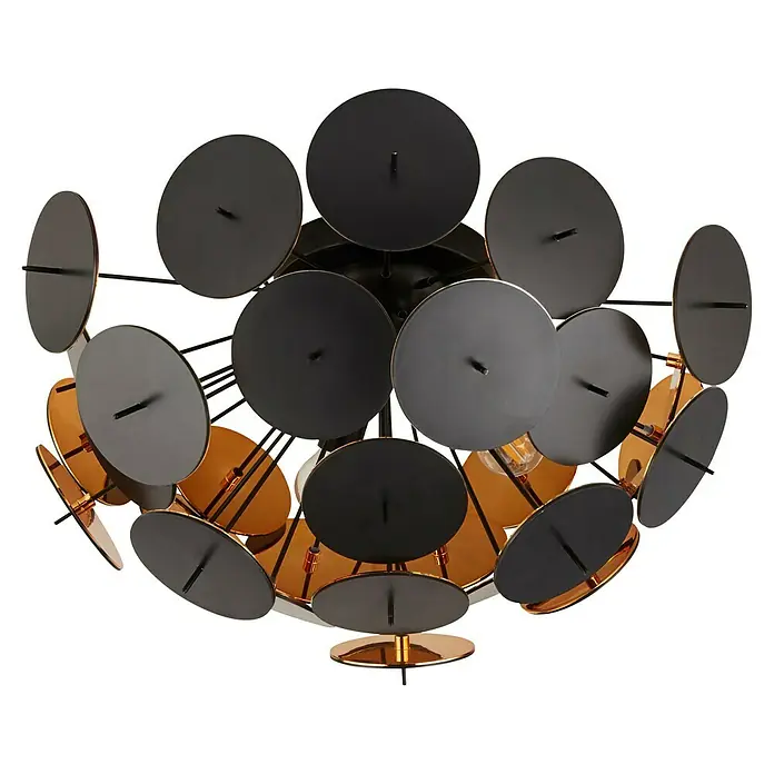 Searchlight Deckenleuchte Discus - 60 W, L x B x H: 52 x 52 x 27 cm, Schwarz/ Gold, E14 - Nahaufnahme einer modernen Hängeleuchte mit schwarzen Scheiben und goldfarbenen Akzenten, die ein elegantes Ambiente schafft.