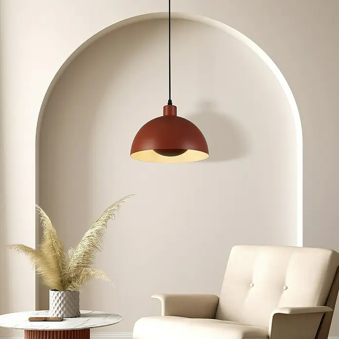 Searchlight Pendelleuchte Mars - 60 W, L x B x H: 40 x 40 x 25,5 cm, Orange, E27 - Elegante, bordeauxrote Hängelampe mit goldenem Interieur, die jedem Raum einen Hauch von Wärme und Stil verleiht.
