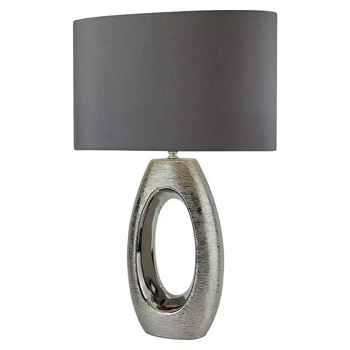 Searchlight Tischleuchte Artisan - 60 W, L x B x H: 40 x 20 x 61 cm, Chrom, Grau, E27 - Silberne Tischlampe mit modernem, ovalem Design und grauem Lampenschirm, die eine elegante und stilvolle Beleuchtungslösung bietet.