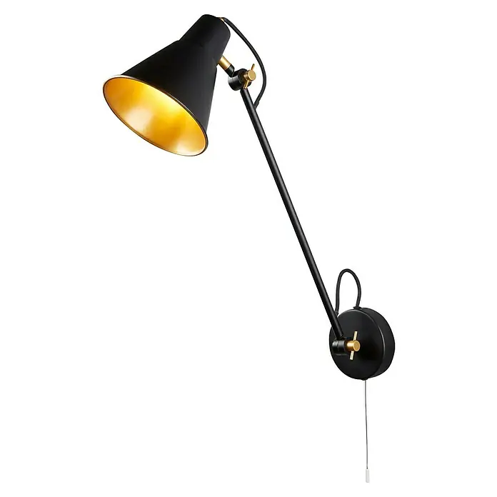 Searchlight Wandleuchte Swing Arm - 60 W, L x B x H: 14 x 14 x 39 cm, Schwarz/ Gold - Elegante schwarze Wandleuchte mit goldener Innenseite. Perfekt als Leselampe oder zur Akzentuierung von Wohnbereichen mit stilvollem Design.
