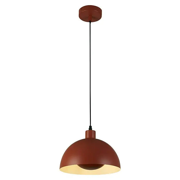 Searchlight Pendelleuchte Mars - 60 W, L x B x H: 40 x 40 x 25,5 cm, Orange, E27 - Eine Nahaufnahme einer roten Hängeleuchte mit einem runden Schirm, die sanftes Licht ausstrahlt und eine warme Atmosphäre schafft.