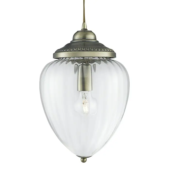 Searchlight Pendelleuchte Moscow - 60 W, L x B x H: 22 x 22 x 33 cm, Messing, E27 - Nahaufnahme einer klassischen Hängelampe mit einem gerippten Glasschirm und einem bronzefarbenen Finish, die eine warme und einladende Atmosphäre erzeugt.