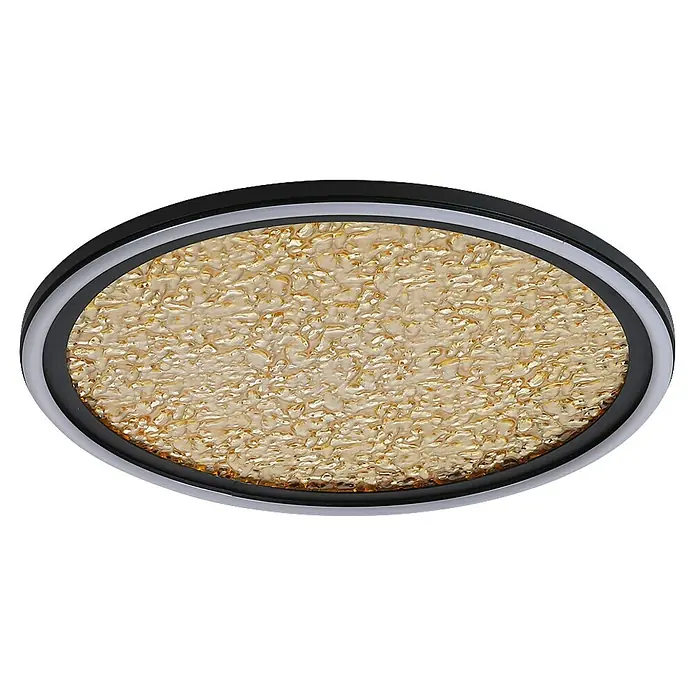 Searchlight LED-Deckenleuchte rund Luna - 32 W, Ø x H: 39,5 x 6 cm, Schwarz/ Gold, Warmweiß - Eine ovale Deckenleuchte mit einer goldenen, strukturierten Oberfläche und einem schwarzen Rahmen, ideal für stilvolle Innenräume.