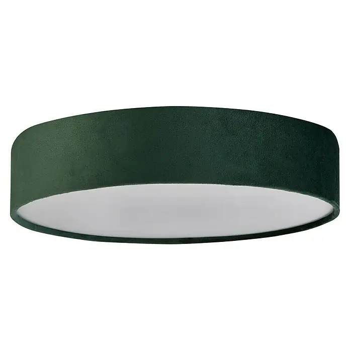 Searchlight Deckenleuchte Drum - 60 W, L x B x H: 50 x 50 x 10 cm, Grün, E27 - Nahaufnahme eines zylinderförmigen Lampenschirms mit einem satten, smaragdgrünen Stoffbezug und einer hellen, weißen Innenseite.