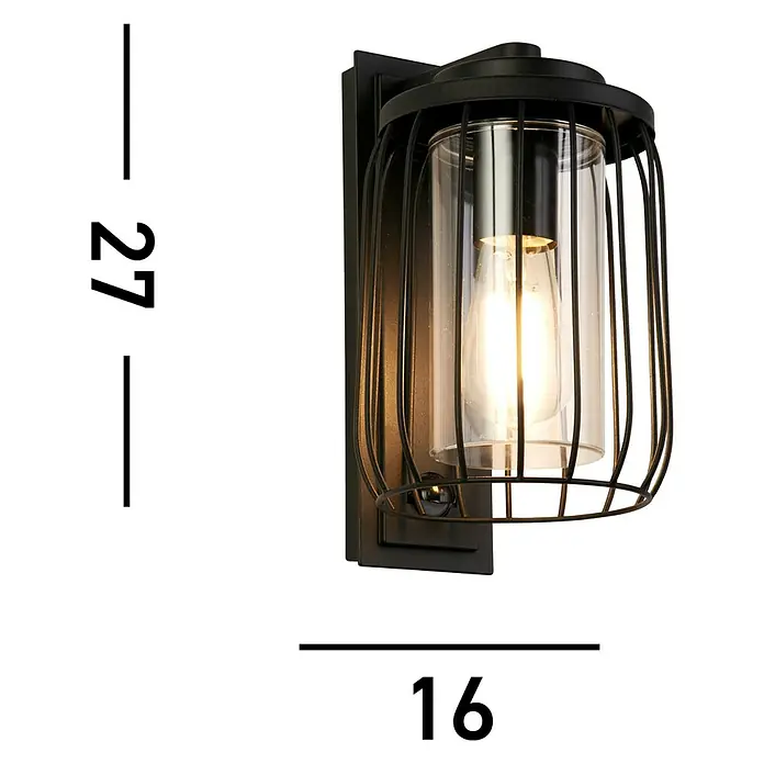 Searchlight Wandleuchte Reed - 40 W, L x B x H: 16 x 16 x 27,2 cm, Schwarz - Wandleuchte im Industriedesign mit transparentem Zylinder und schwarzem Käfig, Maße: 27 x 16 cm. Ideal für rustikale Innenräume.