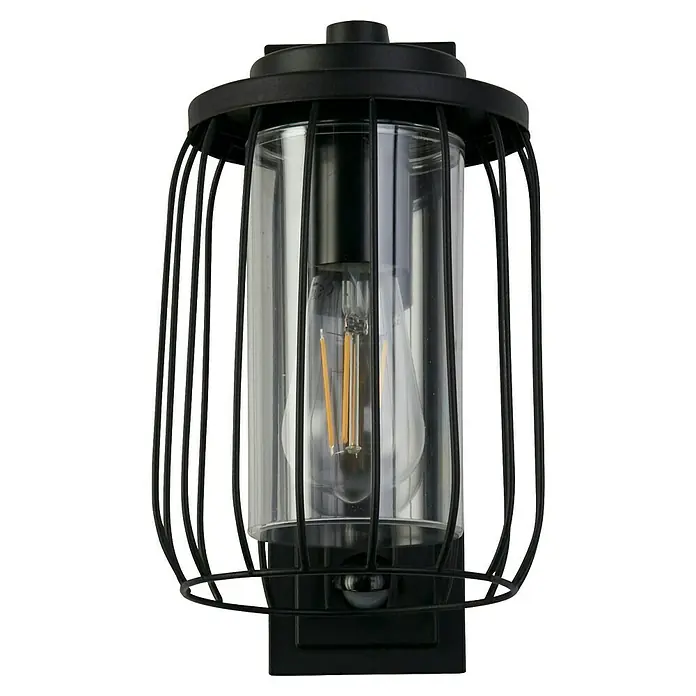 Searchlight Wandleuchte Reed - 40 W, L x B x H: 16 x 16 x 27,2 cm, Schwarz - Eine schwarze Käfig-Wandleuchte mit einer Edison-Glühbirne im Inneren, die ein warmes, einladendes Licht spendet. Stilvolles Design für Ihr Zuhause.