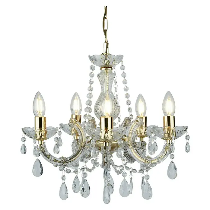Searchlight Pendelleuchte Marie Therese - 60 W, L x B x H: 48 x 48 x 41 cm, Messing, E14 - Eine elegante Kristallleuchter mit fünf Armen, die eine luxuriöse Atmosphäre schafft. Die goldenen Akzente verleihen einen Hauch von Glamour.