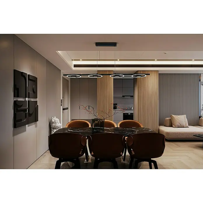 Searchlight LED-Pendelleuchte Space - 35 W, L x B x H: 120 x 20 x 5,5 cm, Schwarz, Warmweiß - Moderne Esszimmerleuchte mit vier kreisförmigen LED-Elementen, die ein elegantes und helles Ambiente schafft. Perfekt für stilvolle Essbereiche.