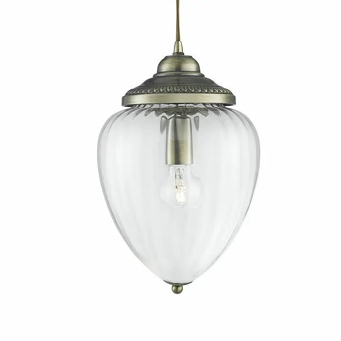 Searchlight Pendelleuchte Moscow - 60 W, L x B x H: 22 x 22 x 33 cm, Messing, E27 - Nahaufnahme einer Hängelampe mit klarem Glasschirm und antiker Messinghalterung, die ein warmes, einladendes Licht ausstrahlt.