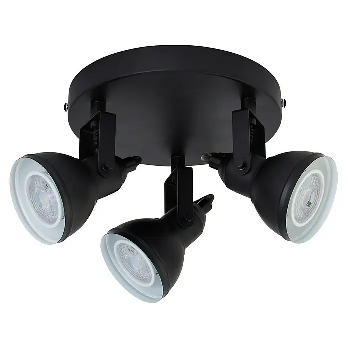 Searchlight Deckenstrahler Focus - 50 W, L x B x H: 30 x 30 x 17 cm, Schwarz, GU10 - Nahaufnahme einer schwarzen Deckenleuchte mit drei Strahlern und verstellbaren Köpfen für gerichtetes Licht.