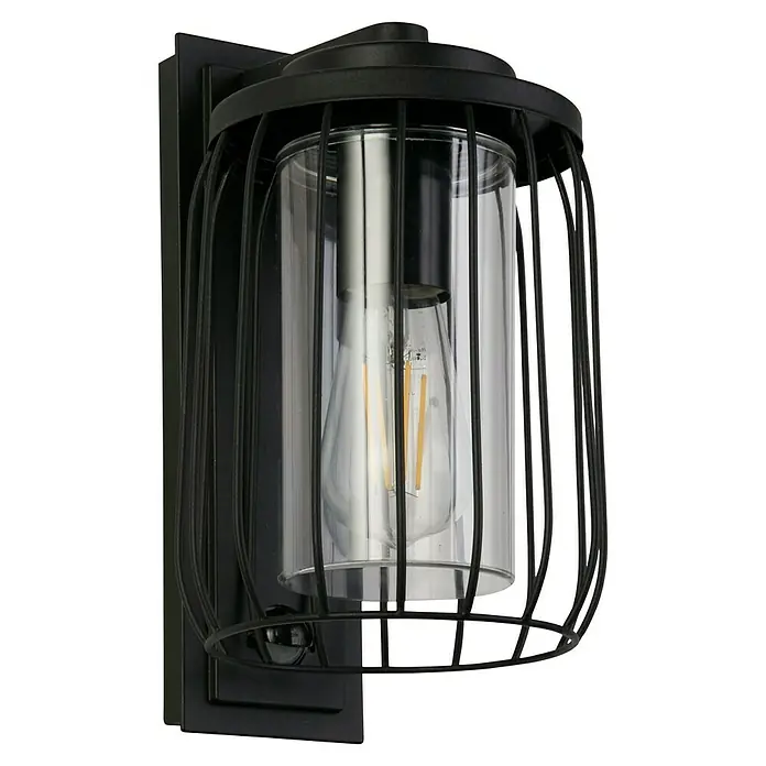Searchlight Wandleuchte Reed - 40 W, L x B x H: 16 x 16 x 27,2 cm, Schwarz - Schwarze Wandleuchte im Industriedesign mit einem transparenten zylindrischen Lampenschirm und einer Edison-Glühbirne.
