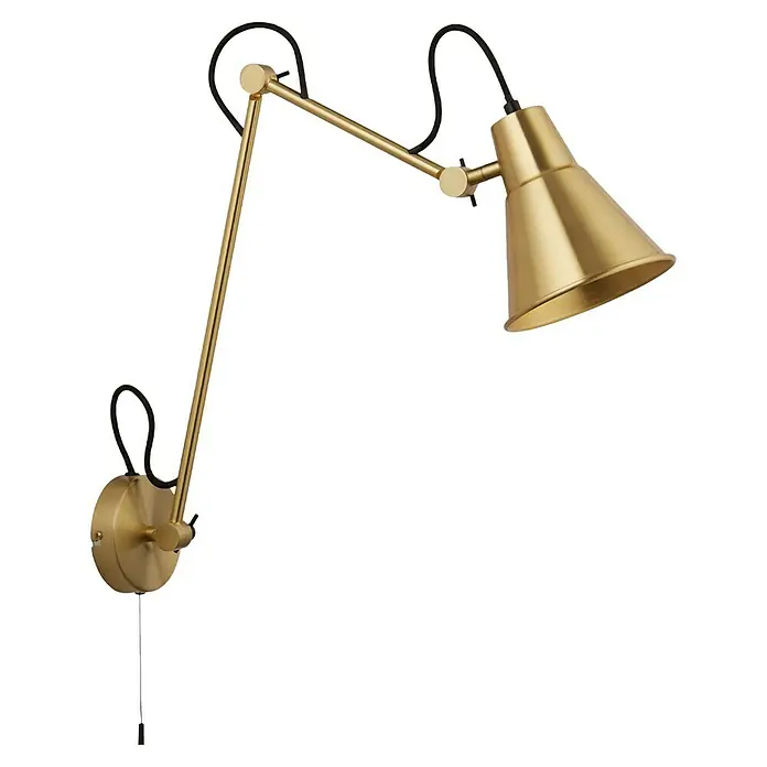 Searchlight Wandleuchte Swing Arm - 20 W, L x B x H: 14 x 14 x 77 cm, Gold - Nahaufnahme einer eleganten, goldenen Schwenkarm-Wandleuchte mit konischem Schirm, die ein raffiniertes Lichtdesign bietet.