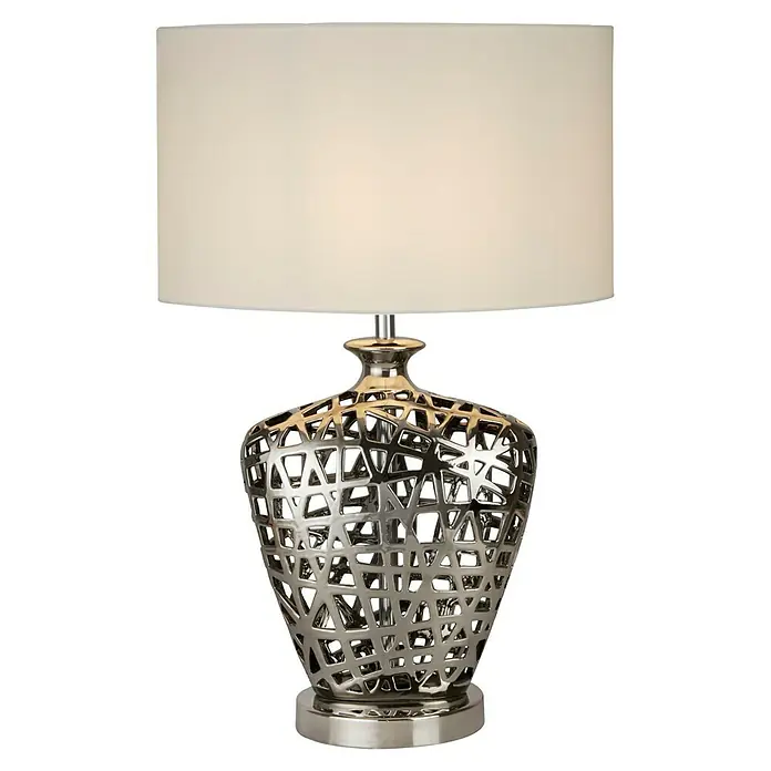 Searchlight Tischleuchte Network - 60 W, L x B x H: 36 x 20 x 56 cm, Chrom, Weiß, E27 - Elegante Tischlampe mit einem cremefarbenen Lampenschirm und einem kunstvollen, silberfarbenen Lampenfuß.