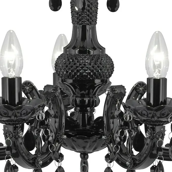 Searchlight Pendelleuchte Marie Therese - 60 W, L x B x H: 48 x 48 x 41 cm, Schwarz, E14 - Nahaufnahme eines schwarzen Kronleuchters mit Kristallverzierungen und Kerzenlampen, der einen eleganten Blickfang darstellt.