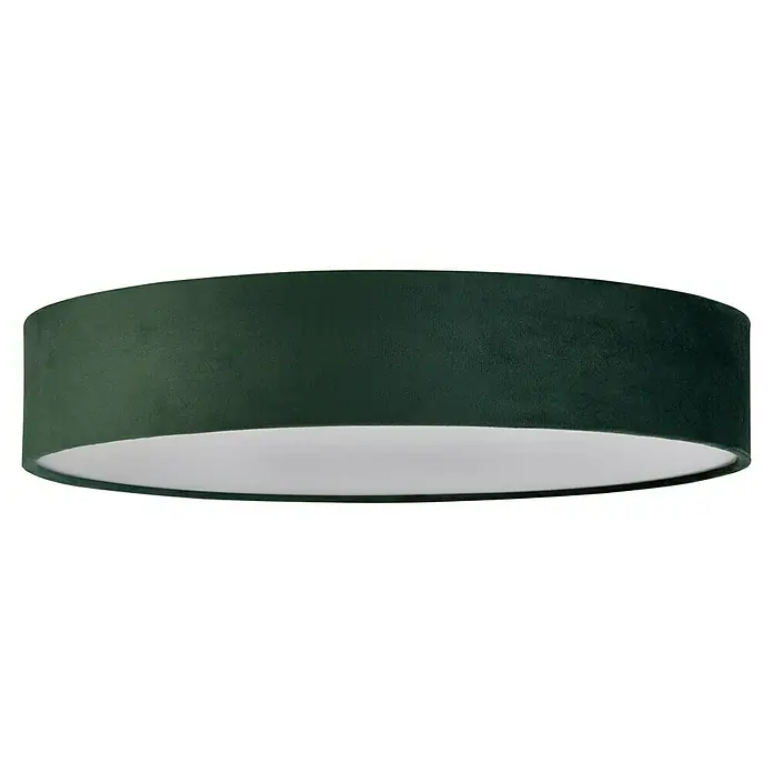 Searchlight Deckenleuchte Drum - 60 W, L x B x H: 50 x 50 x 10 cm, Grün, E27 - Nahaufnahme eines modernen, zylindrischen Lampenschirms in dunklem Grün mit weisser Innenseite, der ein stimmungsvolles Licht verspricht.