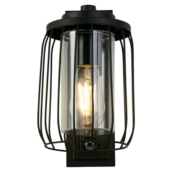 Searchlight Wandleuchte Reed - 40 W, L x B x H: 16 x 16 x 27,2 cm, Schwarz - Elegante schwarze Wandleuchte im Industriedesign. Die Lampe verfügt über einen robusten Metallkäfig und ein klares Glasgehäuse für ein stilvolles Ambiente.