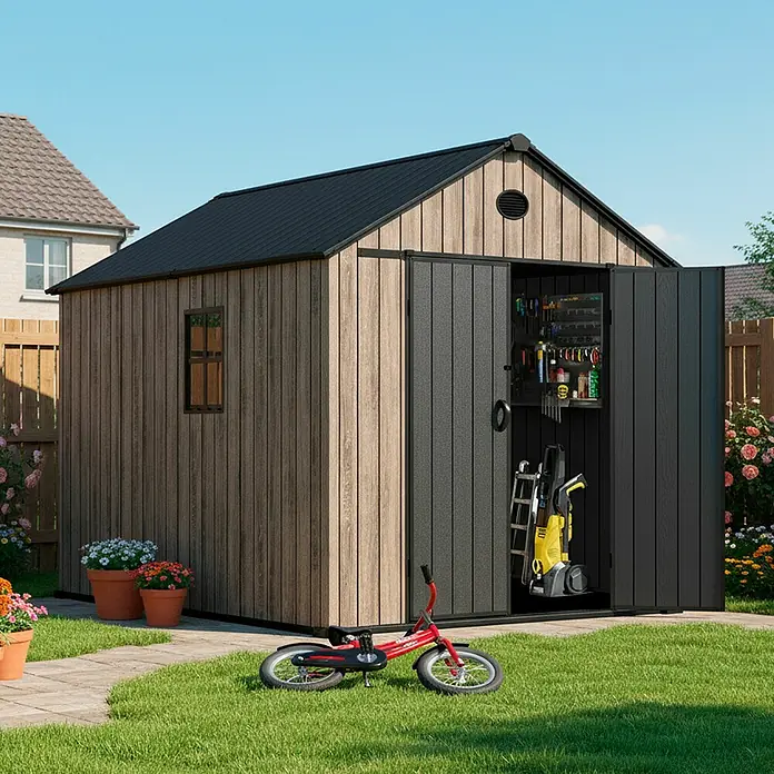 Hoggar Gartenhaus Oak - Außenmaß inkl. Dachüberstand (B x T): 226 x 283 cm, Kunststoff, Braun, 6,41 m² - Ein geräumiges Gartenhaus mit Doppeltüren und genügend Stauraum für Gartengeräte und Zubehör.
