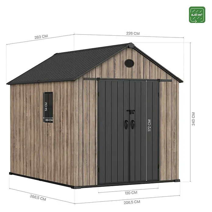 Hoggar Gartenhaus Oak - Außenmaß inkl. Dachüberstand (B x T): 226 x 283 cm, Kunststoff, Braun, 6,41 m² - Abbildung eines Gerätehauses mit den Maßen 283 x 266,5 cm, einer Höhe von 243 cm und einer Grundfläche von 6,41 m².