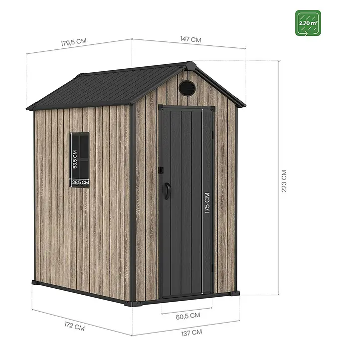 Hoggar Gartenhaus Oak - Außenmaß inkl. Dachüberstand (B x T): 147 x 179 cm, Kunststoff, Braun, 2,7 m² - Abbildung eines Holzschuppens mit Maßangaben, der die Größe und Abmessungen des Produkts hervorhebt.