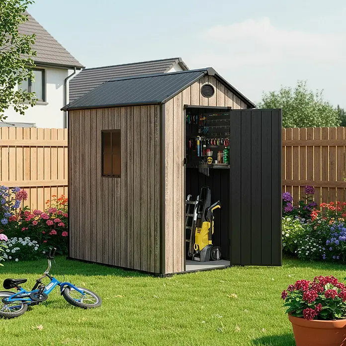 Hoggar Gartenhaus Oak - Außenmaß inkl. Dachüberstand (B x T): 147 x 179 cm, Kunststoff, Braun, 2,7 m² - Gartenszene mit einem geräumigen Gerätehaus, dessen Tür offen steht und Einblick auf den Inhalt gibt.