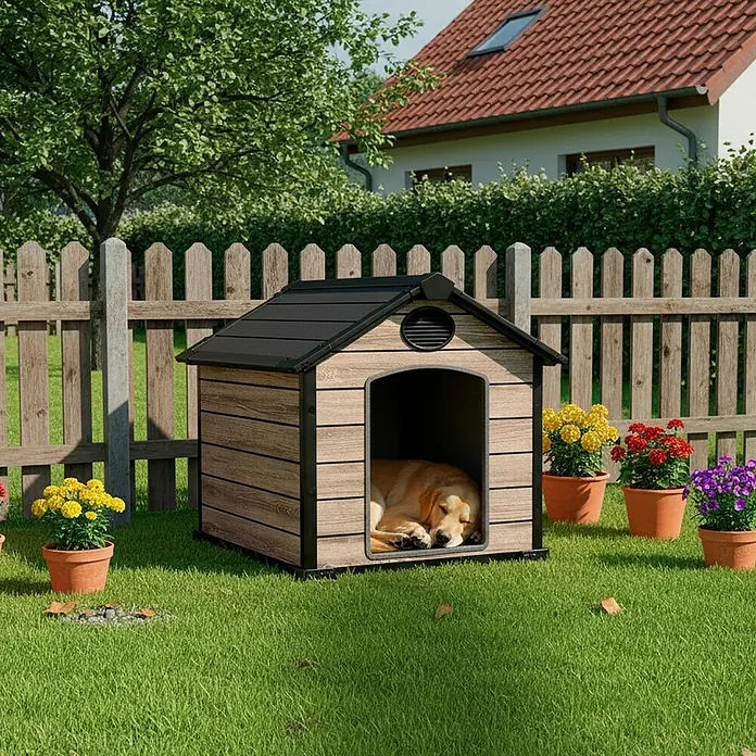 Hoggar Hundehütte Oak - L x B x H: 115 x 102 x 100 cm, Kunststoff, Beige - Ein gemütliches Zuhause: Hundehaus mit schlafendem Golden Retriever, umgeben von bunten Blumen, vor einem idyllischen Gartenzaun.