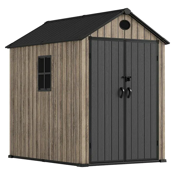 Hoggar Gartenhaus Oak - Außenmaß inkl. Dachüberstand (B x T): 164 x 222 cm, Kunststoff, Braun, 3,62 m² - Ein geräumiges Gartenhaus aus Holz und Metall, ideal zur Aufbewahrung von Gartengeräten und -möbeln. Praktisch und stilvoll.