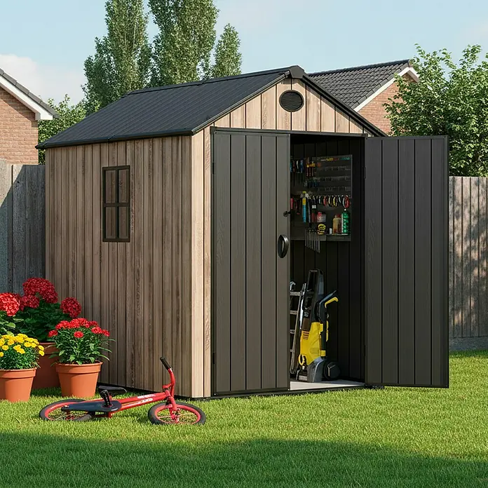 Hoggar Gartenhaus Oak - Außenmaß inkl. Dachüberstand (B x T): 164 x 222 cm, Kunststoff, Braun, 3,62 m² - Ein geräumiger Holzschuppen mit geöffneten Türen, der Werkzeuge und einen Hochdruckreiniger zeigt. Draußen steht ein Kinderrad.