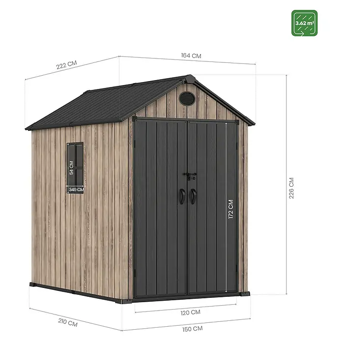 Hoggar Gartenhaus Oak - Außenmaß inkl. Dachüberstand (B x T): 164 x 222 cm, Kunststoff, Braun, 3,62 m² - Abbildung eines Gartenhauses mit Maßangaben zu Höhe, Breite und Fläche. Das Gartenhaus ist aus Holz und hat ein graues Dach.