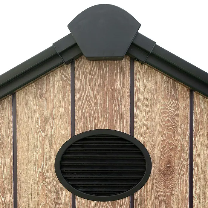 Hoggar Gartenhaus Oak - Außenmaß inkl. Dachüberstand (B x T): 223 x 222 cm, Kunststoff, Braun, 5,02 m² - Detailaufnahme eines Gartenhauses mit Holzfassade, Belüftungsöffnung und Dachabschluss.